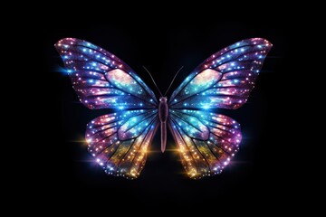 Colorful butterfly sparkle light glitter animal insect black background.