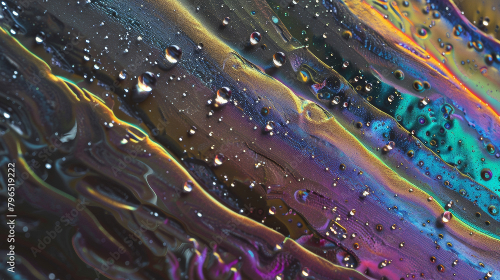 Poster a closeup view of a droplet of liquid embedded within the material reflecting a rainbow of colors ac