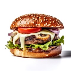 juicy beef burger with cheese, lettuce, mushrooms on a white background