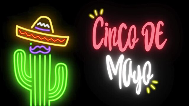 Cinco de mayo animation, text animation, cinco, de mayo, neon animation, neon text, video, cactus 
