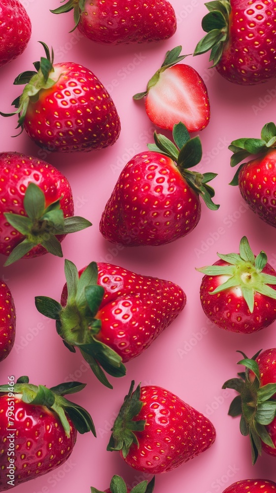Poster a vertical of a repeating pattern of strawberries against a pink background.