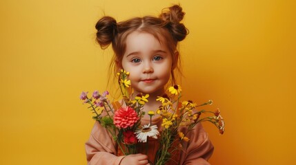 Portrait of a little girl with a bouquet of spring flowers on a colored background. a place for the text. spring concept