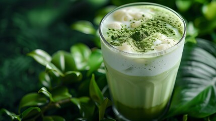 Refreshing Beverage Photography of Iced Matcha Latte, Green Iced Matcha Latte Topped with White Foam and Sprinkled Powder