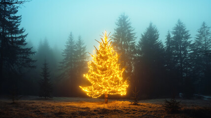 Illuminated Christmas tree in natural environment. - 796520215