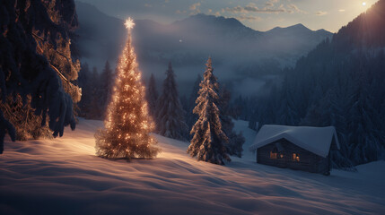 Illuminated Christmas tree in natural environment. - 796520216