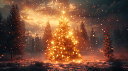Illuminated Christmas tree in natural environment. - 796520244