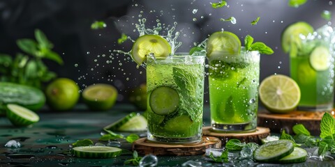 Refreshing Cucumber and Mojito Cocktail Photography, Dynamic Splash in a Glass of Cucumber Mojito...