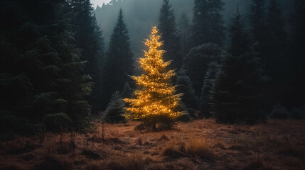 Illuminated Christmas tree in natural environment. - 796520246