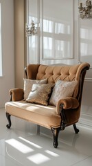 A modern living room with an upholstery armchair.