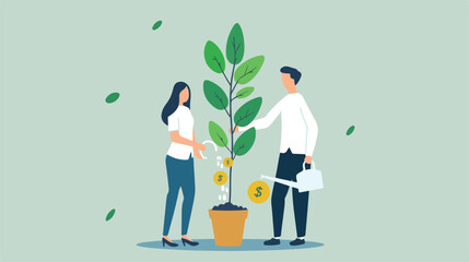 Woman and man watering a money tree. Business partner