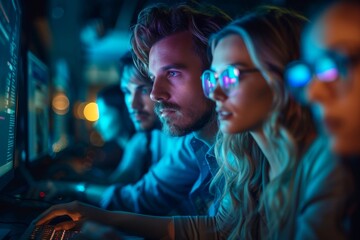 A team of professionals intensely focused on multiple computer screens, collaborating on a tech project
