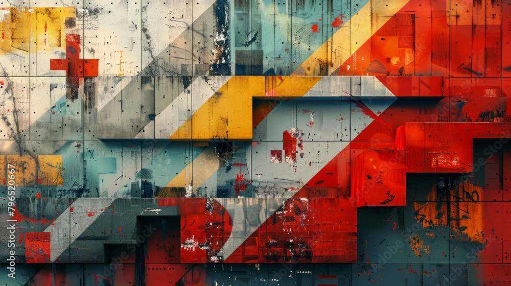 Poster vibrant metropolitan graffiti featuring geometric patterns and digital motifs, creating a dynamic an