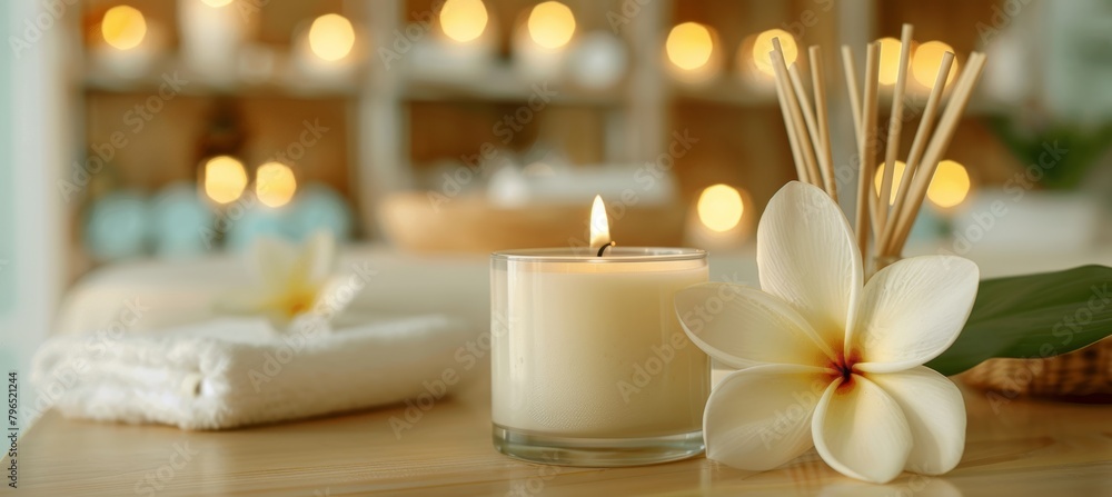 Poster tranquil spa setting lit candles and aromatic diffuser on table with soft focus background
