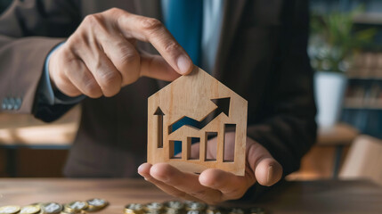Businessman holding up arrow icon and percentage with graph indicators for investment growth