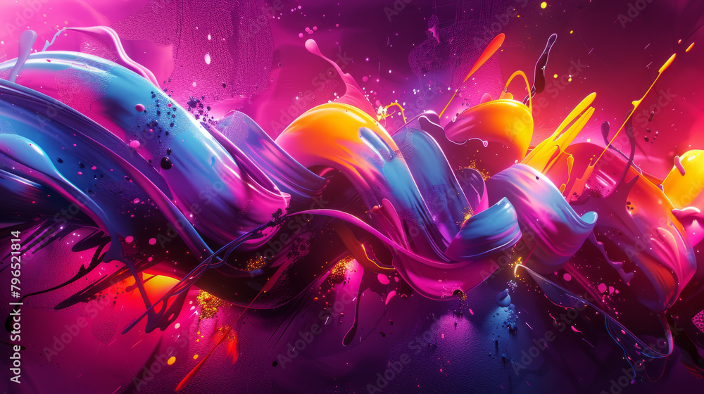 Aufkleber exploring abstract graffiti art with surreal shapes and vibrant neon colors, creating a visually cap