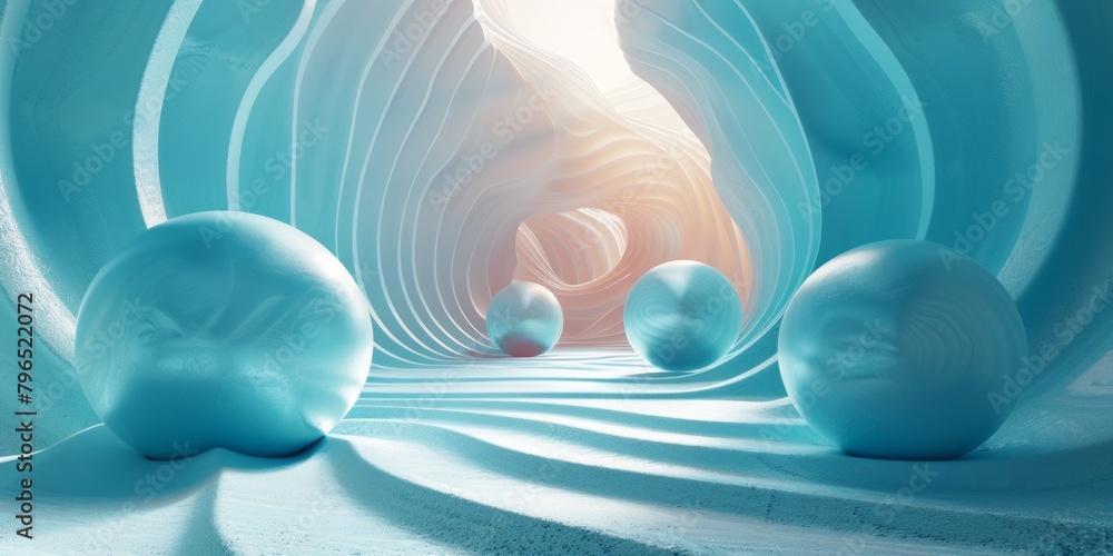 Canvas Prints a blue and white image of a tunnel with four spheres in it