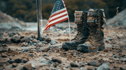 A pair of old combat boots sit on the ground next to a small American flag.