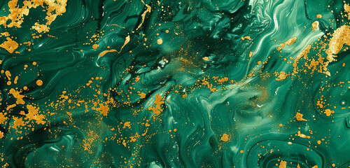 Abstract artwork with a lush blend of emerald green and golden splashes.