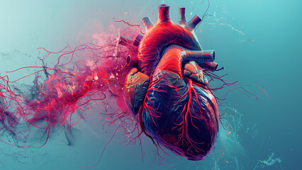 Intricate Anatomy: Abstract Digital Illustration of Human Heart and Blood Vessels, Featuring Intricate Veins and Arteries