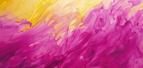 Closeup of magenta and yellow ink creating energetic, textured art.
