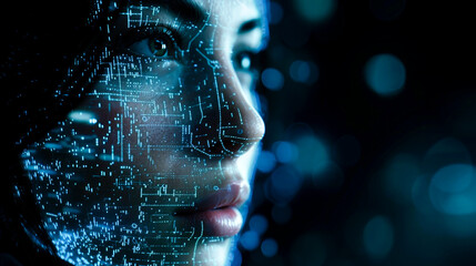 Close-up of a digital female face in cyberspace. Copy space