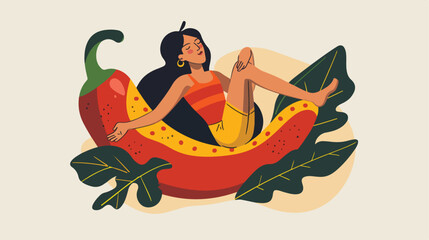 Woman lounging on a chili pepper Vector illustration.