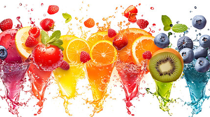 Collection of fruits with slices and juice splash in rainbow colors, healthy food and drink concept...