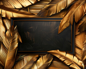 Background with frame surrounded with golden leaves and an empty space in center for text or product display. Elegant and modern design for a banner for social media or brending. Top view