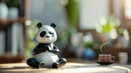 A small toy panda is sitting on a table next to a cup of coffee