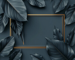 Large and dark gray leaves with golden rectangle frame on dark background  with empty space for text or product display, creating a luxurious atmosphere. Top view