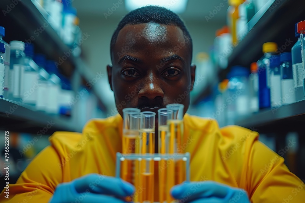 Poster a focused scientist in a yellow lab coat analyzing test tubes in a modern laboratory with shelves of