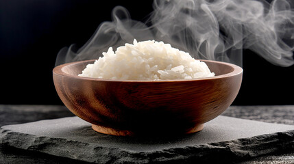 Steam and Japanese white rice  in a wooden bowl on the stone plate on a color background