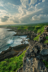 The image shows a stunning view of the ocean from a cliff, highlighting the vast expanse of water meeting the rugged rocky coast