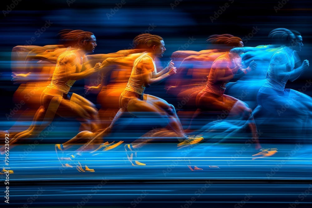 Poster dynamic image capturing the intense speed and motion of athletes during a high-speed sprinting event
