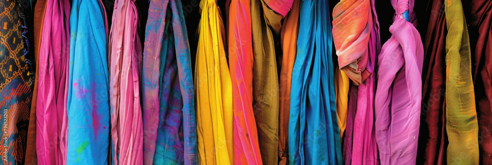 Poster a variety of vibrant scarves in different hues and patterns are neatly displayed on a rack against a