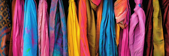 A variety of vibrant scarves in different hues and patterns are neatly displayed on a rack against a wall