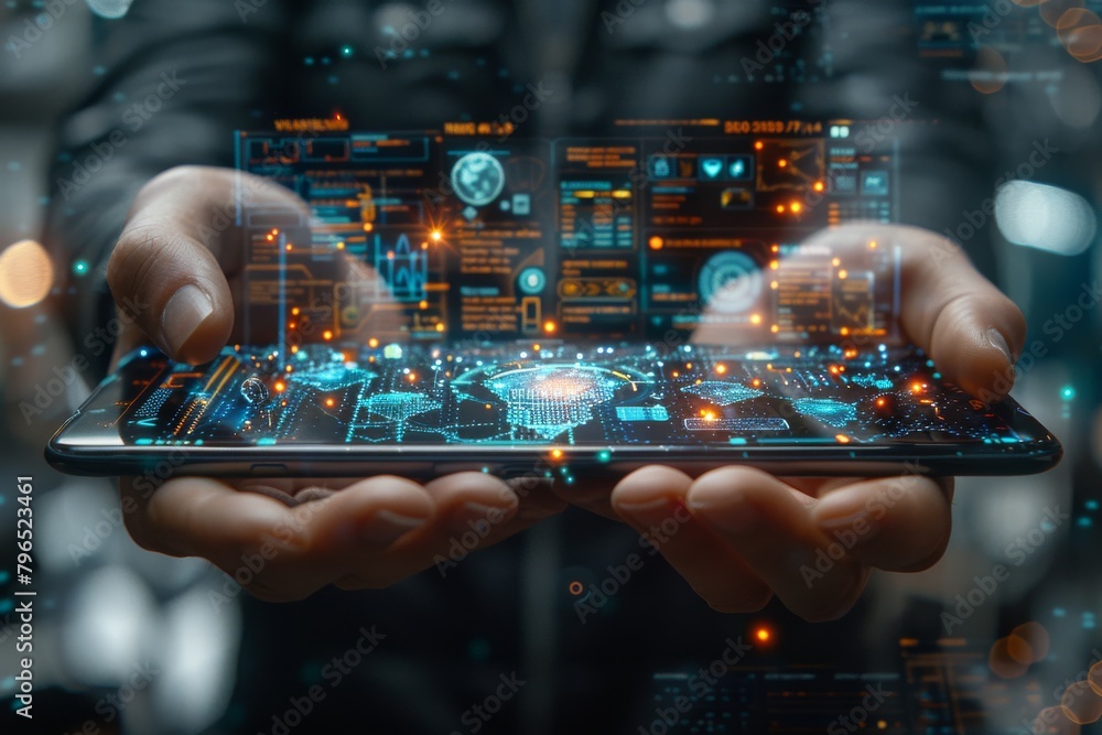 Poster the image depicts a hand interacting with an advanced holographic interface on a smartphone, showcas