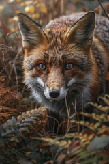 Naklejka premium A realistic painting of a fox standing amidst a dense forest, featuring vibrant autumn colors and intricate details of leaves and branches