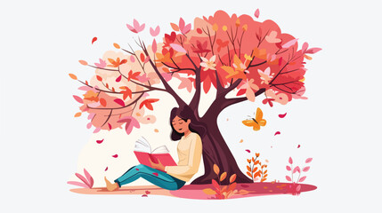 Woman reading book under the tree in spring. Cute illustration