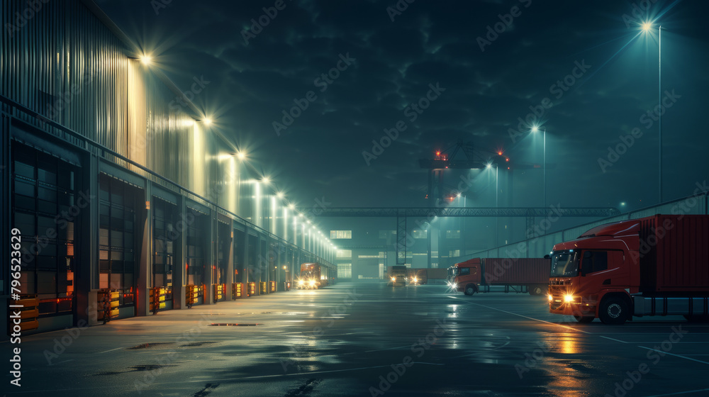 Poster nighttime operations at a large warehouse with trucks loading cargo, displaying the industrial activ