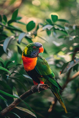 A vibrant bird with colorful feathers sitting on top of a tree branch in a natural setting