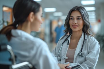 Two female doctors engage in a conversation with one doctor using a wheelchair