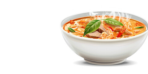 Traditional spicy chicken soup prepared with chicken, onion carrots parsley celery and spices Presented in a white bowl with noodle and fresh parsley white background.