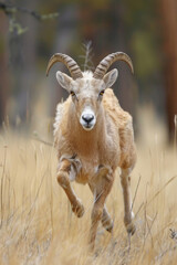 A ram energetically runs through a field of dry grass under the sun