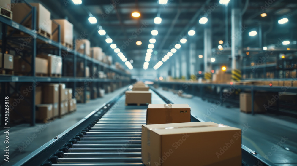 Poster a haunting and vast warehouse scene of an empty conveyor belt, symbolizing the scale and efficiency 