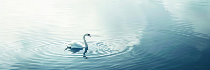 A swan gracefully swims in a lake, creating ripples with its movements. The water reflects the serene scene