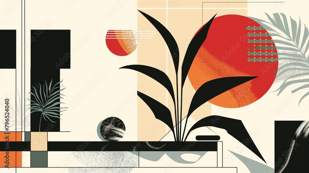 Poster a line art illustration of a colorful abstract background with various geometric shapes.