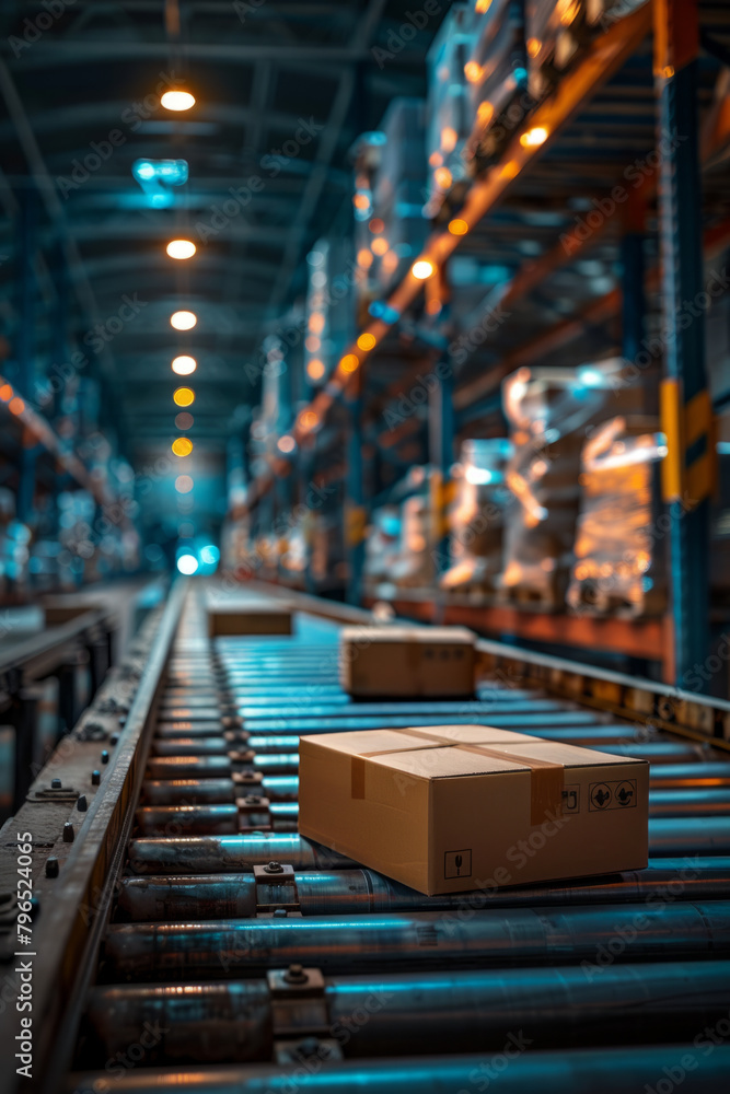 Poster dynamic warehouse environment with conveyor belt system in operation, processing packages efficientl