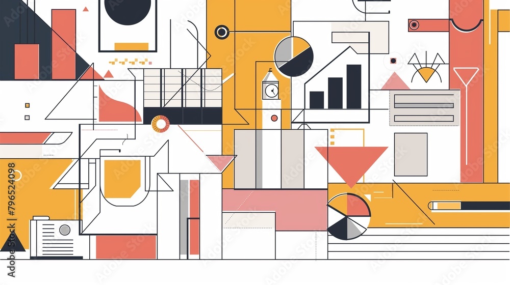Poster a line art illustration of a colorful abstract background with various geometric shapes.