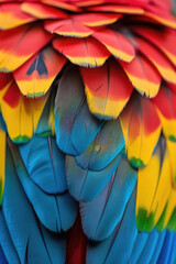 Detailed view of vibrant feathers on a bird, showcasing a range of colors and textures up close